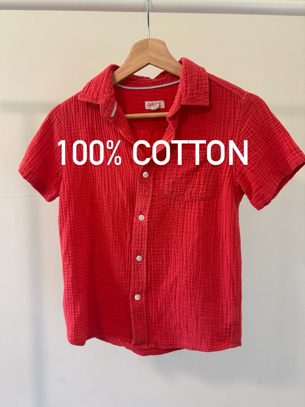 Cat & Jack Red Short-Sleeve Button-Up Shirt | 100% Cotton Gauze